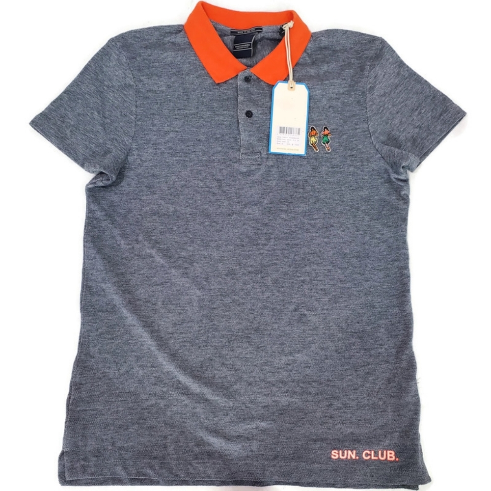 NWT Scotch&Soda Polo Shirt 100% Cotton  S Gray Orange Hawaiian Hula Girls